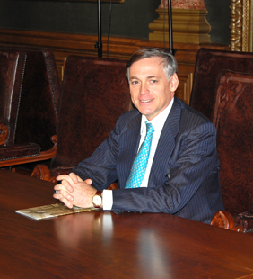 Photographic Image of Jesús Huerta de Soto Seated at the National Bank of Romania