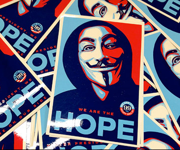 Cartoon image of an Obama HOPE placard with Obama's Image Replaced by a Symbolizing Anarchy and Deception