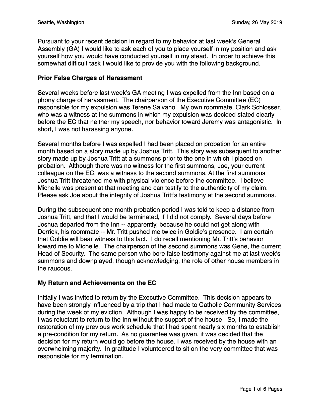 The first page of my six-page petition against the nine-hour work penalty assigned to me for having stood up to the abomination called the Executive Committee.