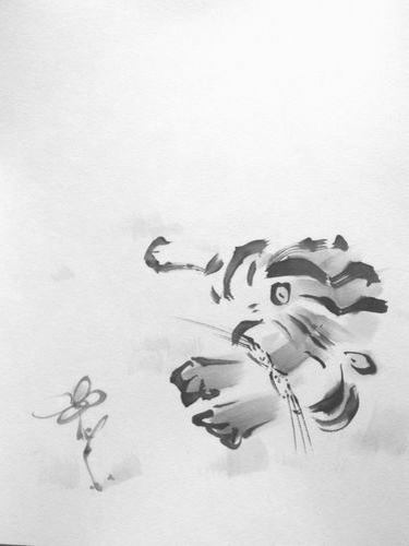 An artistic image of a tiger chasing a butterfly.