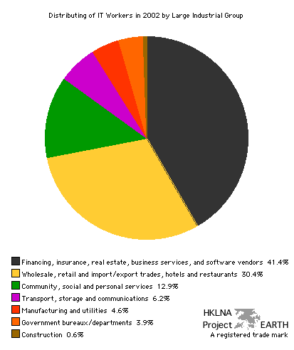 Distribution of Information technology workers across large industrial groups including government in 2002 (Pie Graph)