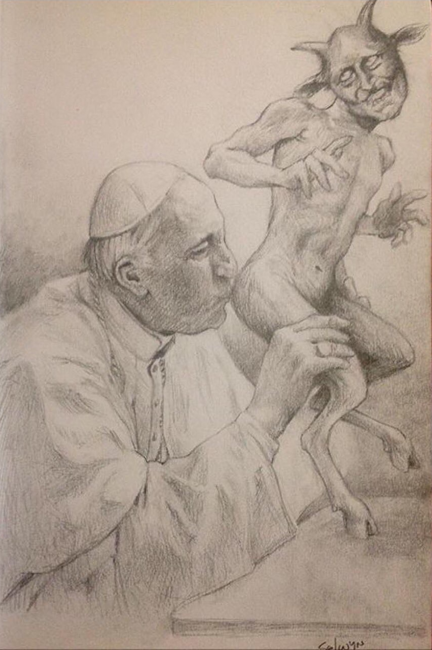 A caricature of Pope Francis kissing the buttocks of the devil.