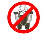 An animated gif-image of a white sheep on a white backgroun overlayed with a red cross-bar of prohibition.